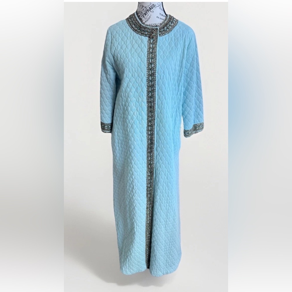 Vintage 70s Flobert Edwardian Baby Blue Bling Quilt Mod Long Robe House Coat - Picture 1 of 16